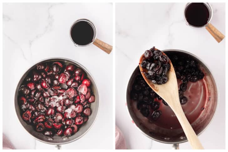A before and after collage of cherries and sugar being cooked down into a sauce in a pot.