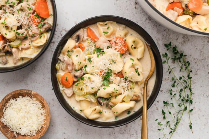A black bowl filled with tortellini chicken soup garnished with Parmesan cheese.