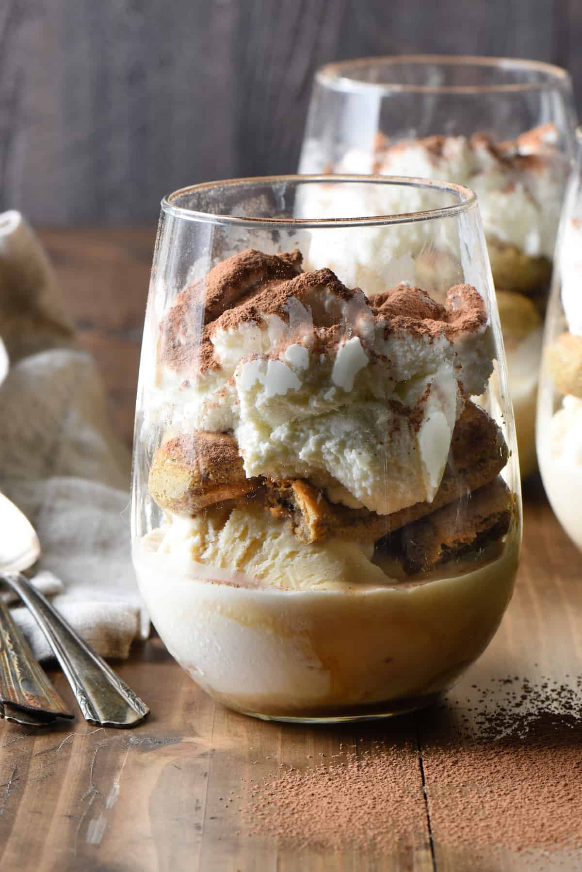 Frozen tiramisu cup made in a stemless wine glass.