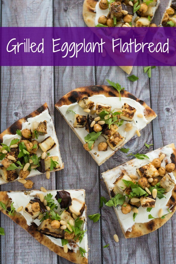 Grilled Eggplant Flatbread - A lovely vegetarian meal or party bite that comes together in a flash. Grilled naan bread is spread with creamy Greek yogurt and topped with grilled eggplant, spiced chickpeas and pine nuts. | foxeslovelemons.com