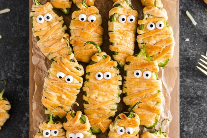 Halloween jalapeno poppers that look like mummies.