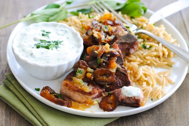 Lamb Chops & Orzo with Apricot Chutney & Herbed Yogurt Sauce - A simple yet special dish for a dinner party or just a nice dinner at home! | foxeslovelemons.com