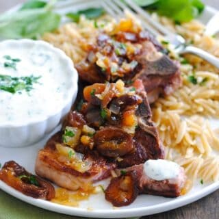 Lamb Chops & Orzo with Apricot Chutney & Herbed Yogurt Sauce - A simple yet special dish for a dinner party or just a nice dinner at home! | foxeslovelemons.com