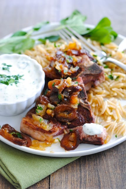 Lamb Chops & Orzo with Apricot Chutney & Herbed Yogurt Sauce - A simple yet special dish for a dinner party or just a nice dinner at home! | foxeslovelemons.com