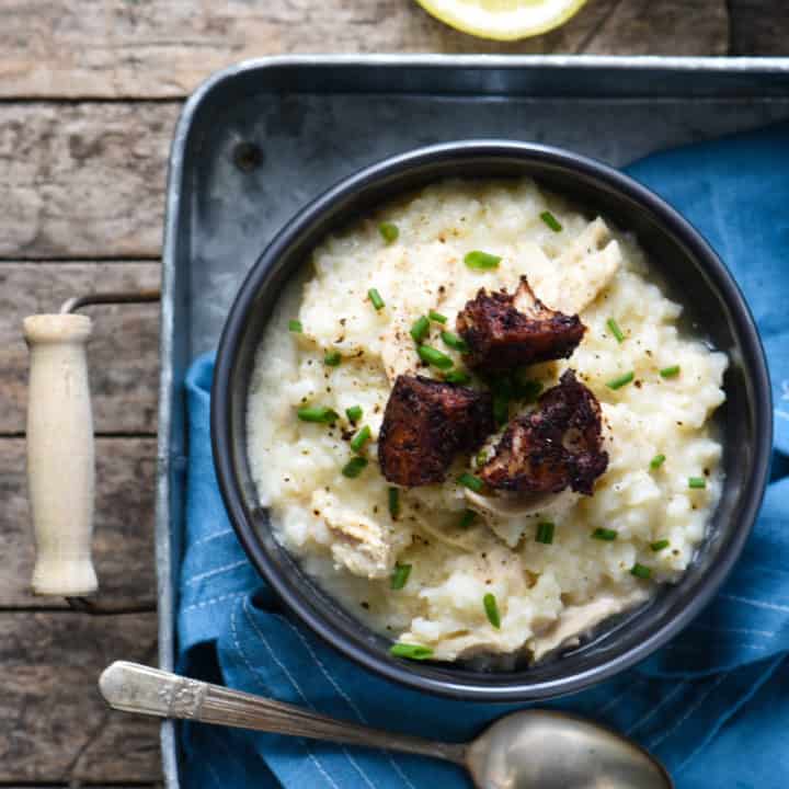 Lemon Chicken & Rice Soup with Olive Tapenade Croutons