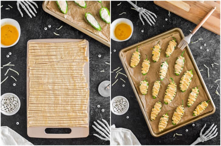 Two photos side by side that show dough cut into thin strips, and peppers filled with cheese and wrapped in the dough strips.