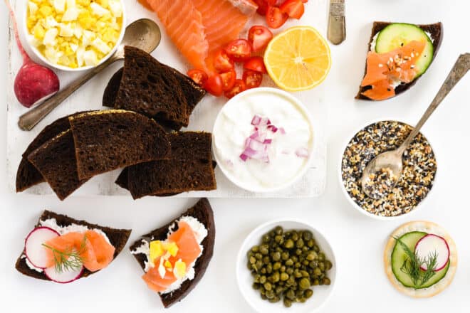 Pumpernickel crostini topped with cream cheese, smoked salmon, radishes and hard boiled egg.