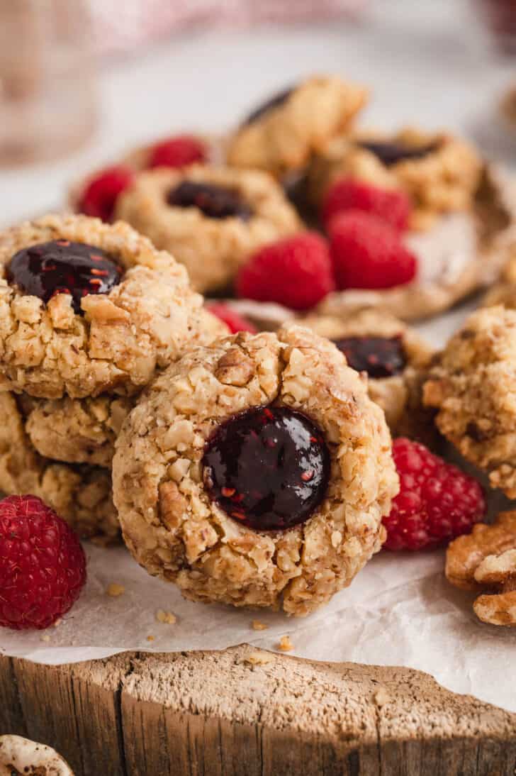 Thumbprint cookies with jam and fresh raspberries.