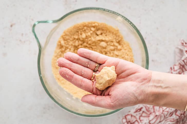 A hand forming a small ball of light brown dough.