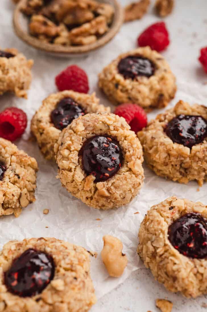 Thumbprint cookies with jam and fresh raspberries.